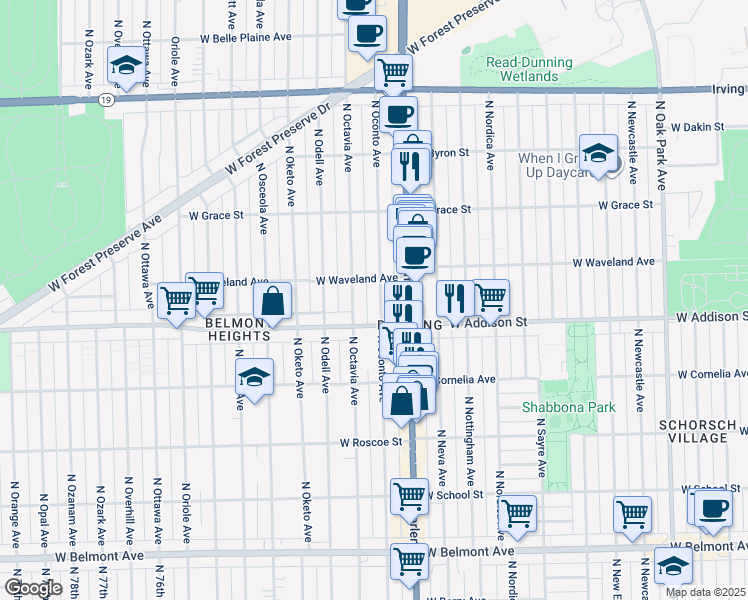 map of restaurants, bars, coffee shops, grocery stores, and more near 3626 North Oconto Avenue in Chicago