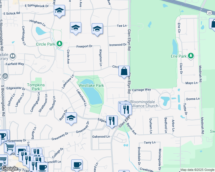 map of restaurants, bars, coffee shops, grocery stores, and more near 227 Stanyon Lane in Bloomingdale