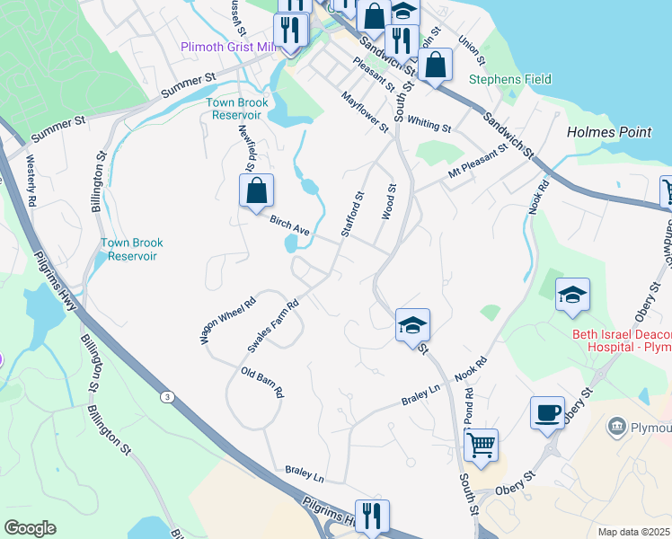 map of restaurants, bars, coffee shops, grocery stores, and more near 54 Stafford Street in Plymouth