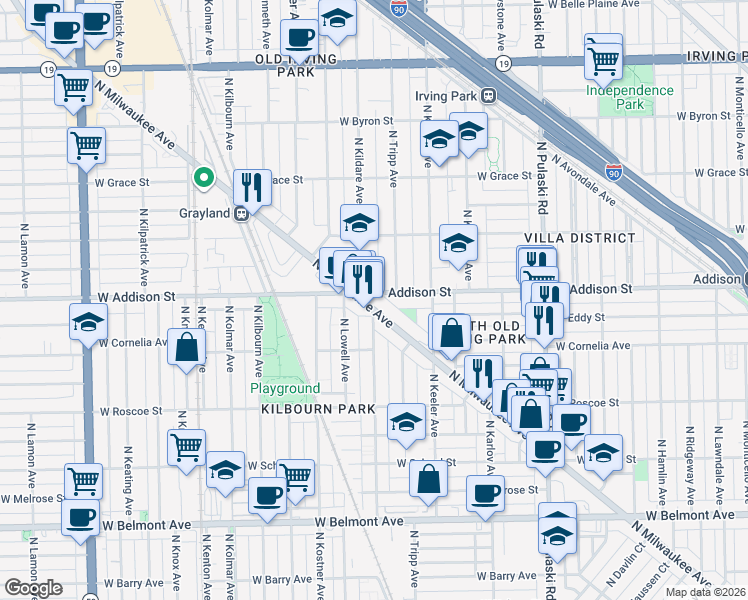 map of restaurants, bars, coffee shops, grocery stores, and more near 4263 West Addison Street in Chicago