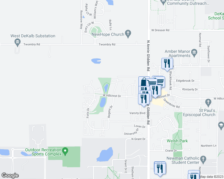map of restaurants, bars, coffee shops, grocery stores, and more near 1025 Regent Drive in DeKalb