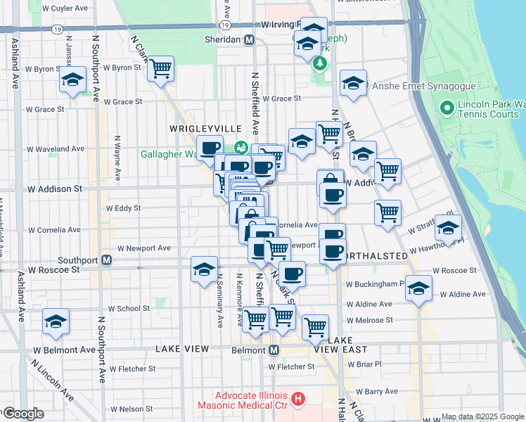 map of restaurants, bars, coffee shops, grocery stores, and more near 3519 North Sheffield Avenue in Chicago