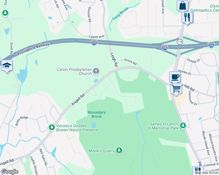 map of restaurants, bars, coffee shops, grocery stores, and more near 16 Palomino Drive in Cumberland