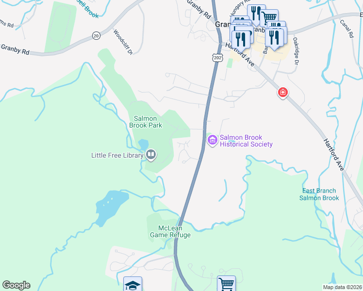 map of restaurants, bars, coffee shops, grocery stores, and more near 7 Dogwood Court in Granby