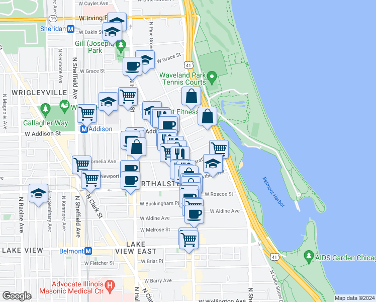 map of restaurants, bars, coffee shops, grocery stores, and more near 606 West Cornelia Avenue in Chicago