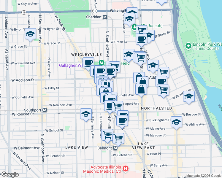 map of restaurants, bars, coffee shops, grocery stores, and more near 3519 North Sheffield Avenue in Chicago