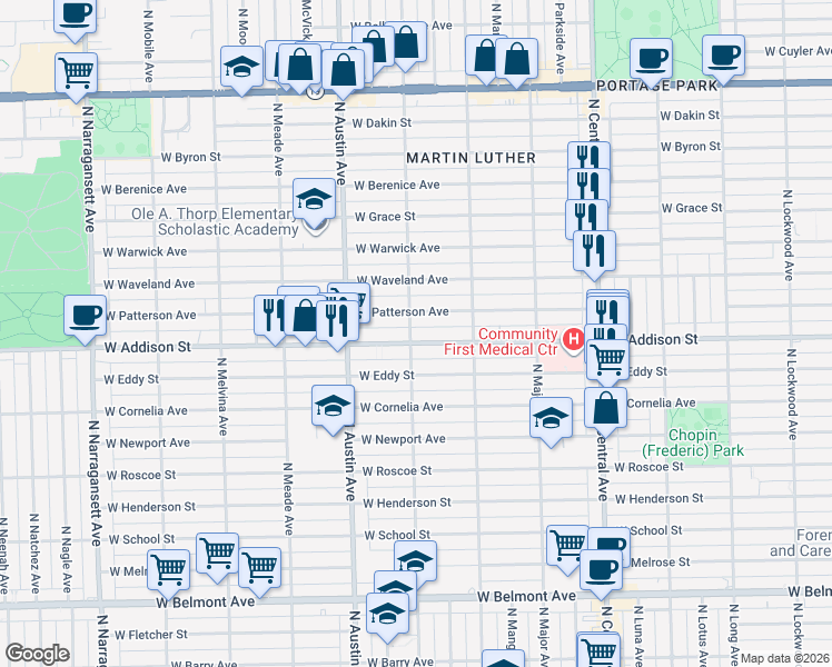 map of restaurants, bars, coffee shops, grocery stores, and more near 5860 West Addison Street in Chicago