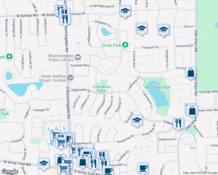 map of restaurants, bars, coffee shops, grocery stores, and more near 241 Strathmore Court in Bloomingdale