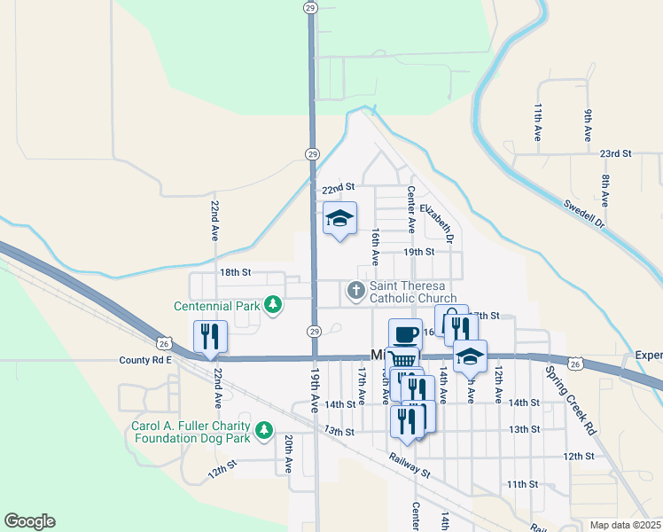 map of restaurants, bars, coffee shops, grocery stores, and more near 1819 19th Avenue in Mitchell