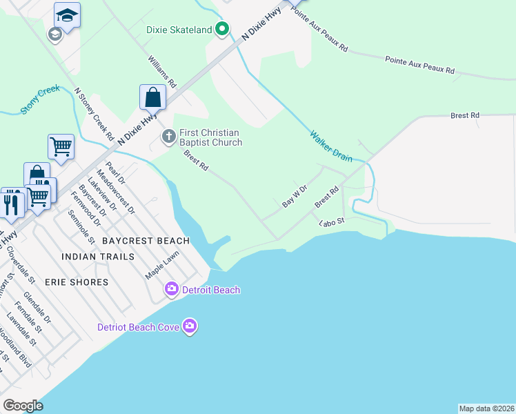 map of restaurants, bars, coffee shops, grocery stores, and more near 4073 Brest Road in Monroe County