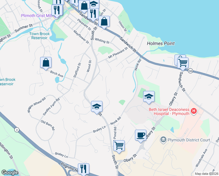 map of restaurants, bars, coffee shops, grocery stores, and more near 44 Leland Way in Plymouth