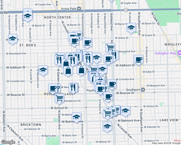 map of restaurants, bars, coffee shops, grocery stores, and more near 3536 North Lincoln Avenue in Chicago