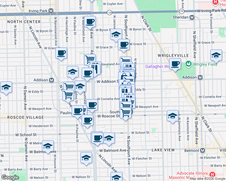 map of restaurants, bars, coffee shops, grocery stores, and more near 3525 North Greenview Avenue in Chicago