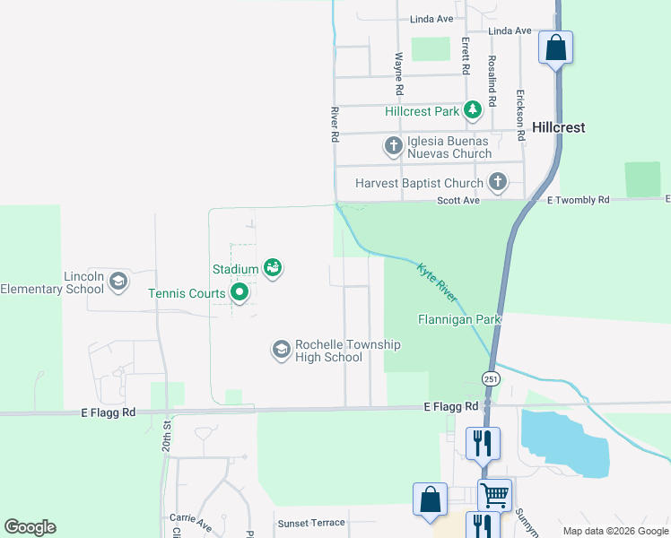 map of restaurants, bars, coffee shops, grocery stores, and more near 5185 South Wendell Drive in Rochelle