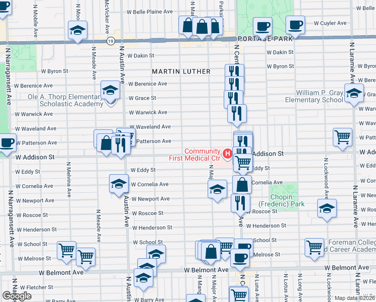 map of restaurants, bars, coffee shops, grocery stores, and more near 5744 West Addison Street in Chicago