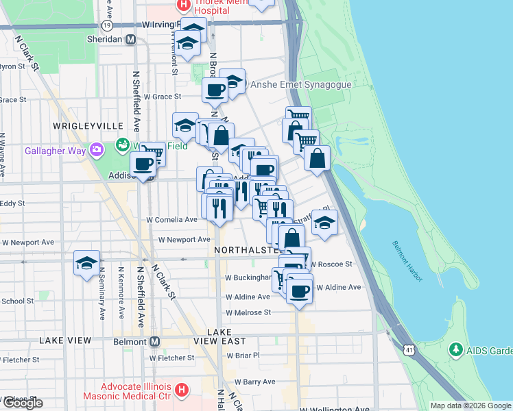 map of restaurants, bars, coffee shops, grocery stores, and more near 3530 North Broadway in Chicago