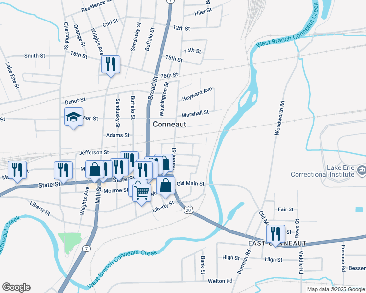 map of restaurants, bars, coffee shops, grocery stores, and more near 179 Nickle Plate Ave in Conneaut
