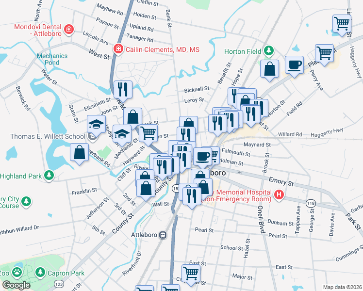 map of restaurants, bars, coffee shops, grocery stores, and more near 40 Bank Street in Attleboro