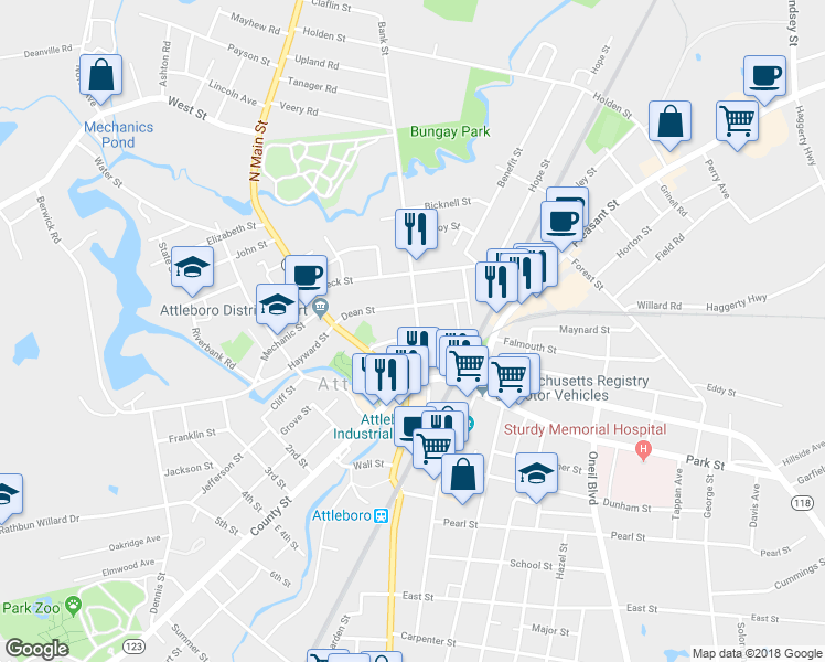 map of restaurants, bars, coffee shops, grocery stores, and more near 28 Sanford Street in Attleboro