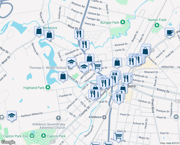 map of restaurants, bars, coffee shops, grocery stores, and more near 11 Hayward Street in Attleboro