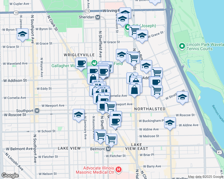 map of restaurants, bars, coffee shops, grocery stores, and more near 3519 North Wilton Avenue in Chicago