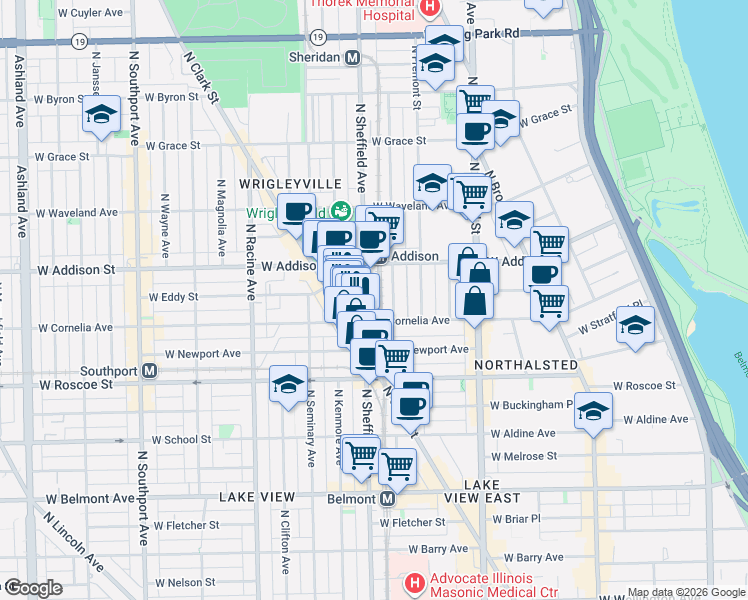 map of restaurants, bars, coffee shops, grocery stores, and more near 3519 North Sheffield Avenue in Chicago