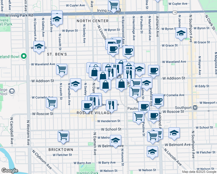 map of restaurants, bars, coffee shops, grocery stores, and more near 3534 N Wolcott Ave in Chicago