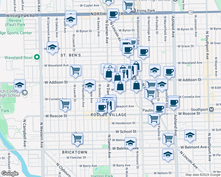 map of restaurants, bars, coffee shops, grocery stores, and more near 1942 West Eddy Street in Chicago
