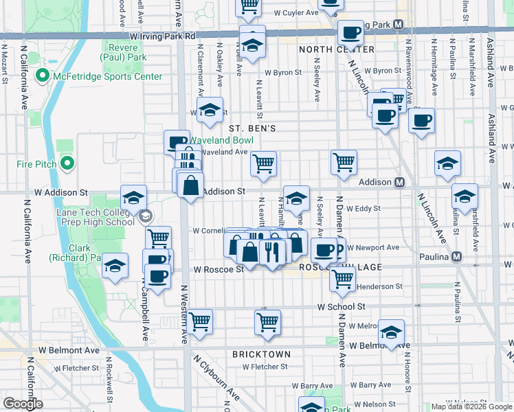 map of restaurants, bars, coffee shops, grocery stores, and more near 3535 North Bell Avenue in Chicago