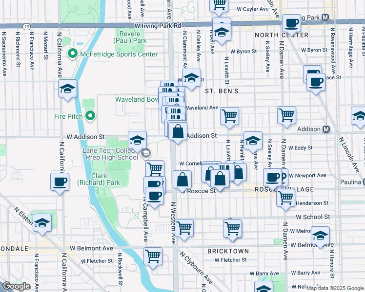 map of restaurants, bars, coffee shops, grocery stores, and more near 3539 North Claremont Avenue in Chicago