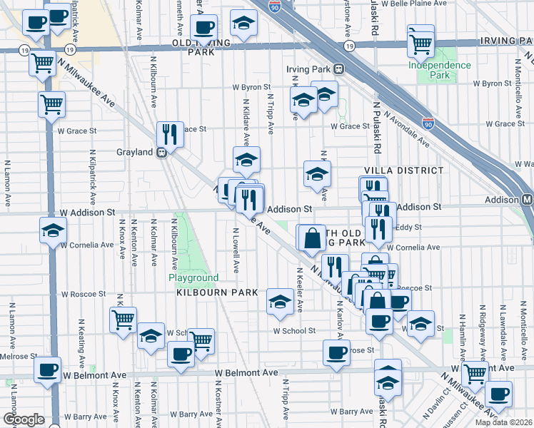 map of restaurants, bars, coffee shops, grocery stores, and more near 4247 West Addison Street in Chicago