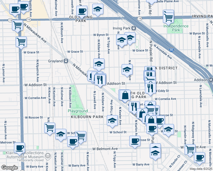 map of restaurants, bars, coffee shops, grocery stores, and more near 4247 West Addison Street in Chicago