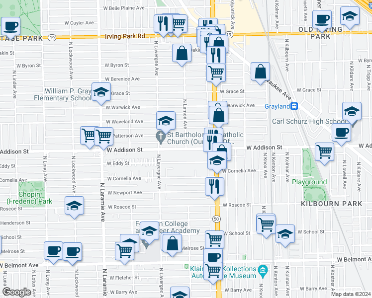 map of restaurants, bars, coffee shops, grocery stores, and more near W Addison St & N Lamon Ave in Chicago