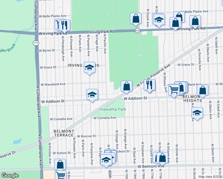 map of restaurants, bars, coffee shops, grocery stores, and more near 3631 North Pacific Avenue in Chicago