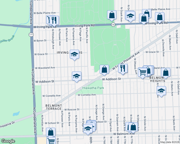 map of restaurants, bars, coffee shops, grocery stores, and more near 3631 North Pacific Avenue in Chicago