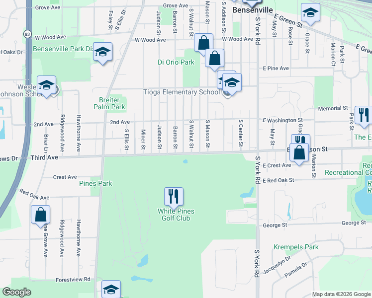map of restaurants, bars, coffee shops, grocery stores, and more near 457 Barron Street in Bensenville
