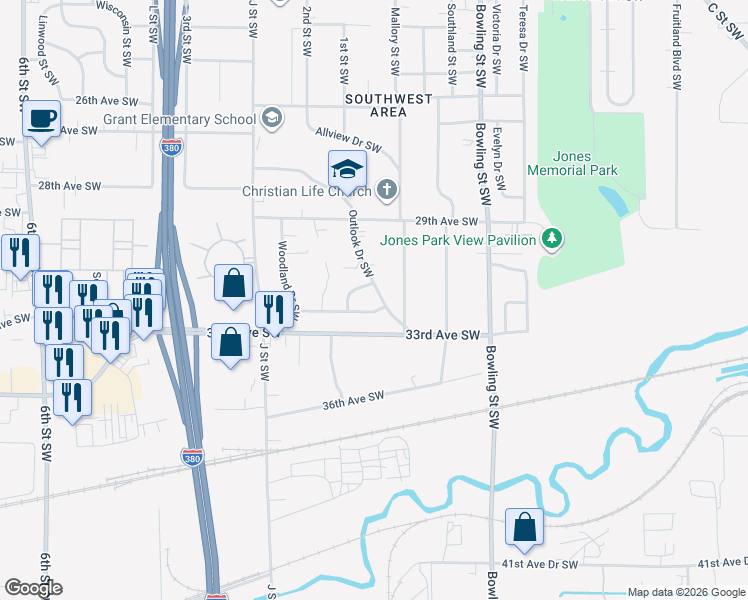 map of restaurants, bars, coffee shops, grocery stores, and more near 3120 Outlook Drive Southwest in Cedar Rapids