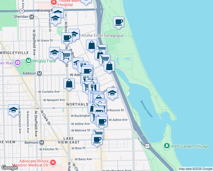 map of restaurants, bars, coffee shops, grocery stores, and more near 535 West Cornelia Avenue in Chicago