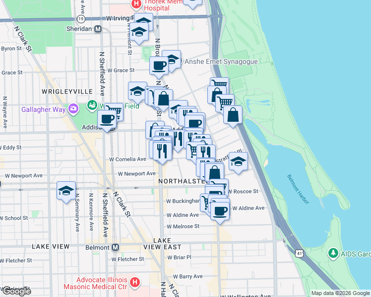map of restaurants, bars, coffee shops, grocery stores, and more near 713 West Brompton Avenue in Chicago