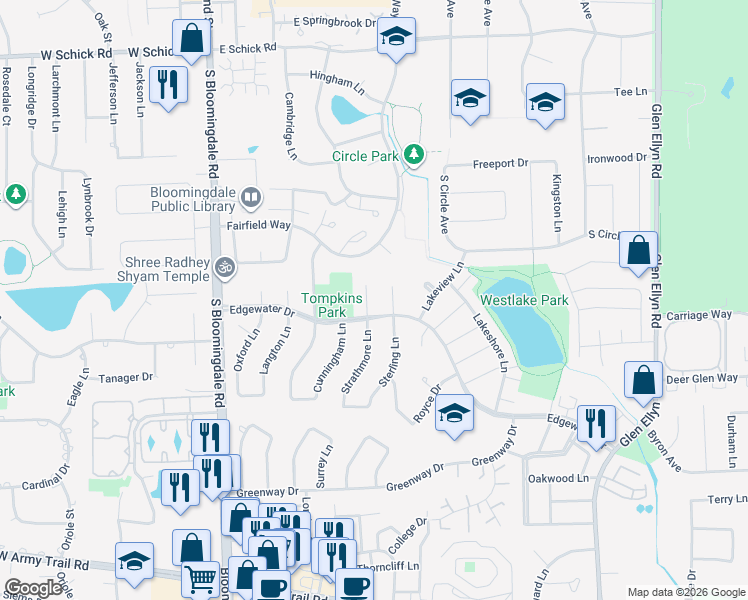 map of restaurants, bars, coffee shops, grocery stores, and more near 241 Strathmore Court in Bloomingdale