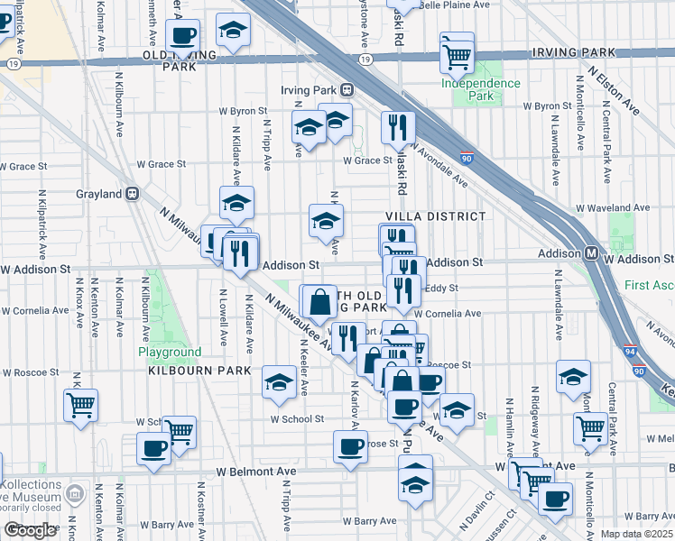 map of restaurants, bars, coffee shops, grocery stores, and more near 4133 West Addison Street in Chicago