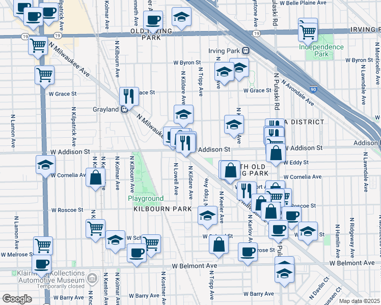 map of restaurants, bars, coffee shops, grocery stores, and more near 4267 West Addison Street in Chicago