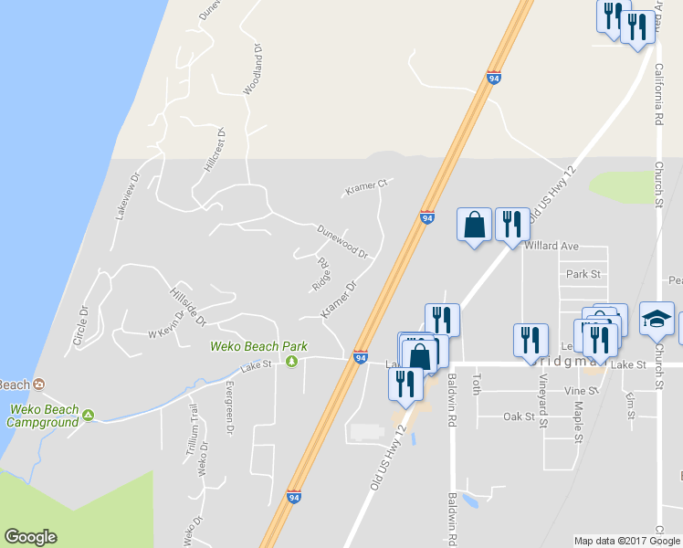 map of restaurants, bars, coffee shops, grocery stores, and more near 4701 Dunewood Drive in Bridgman