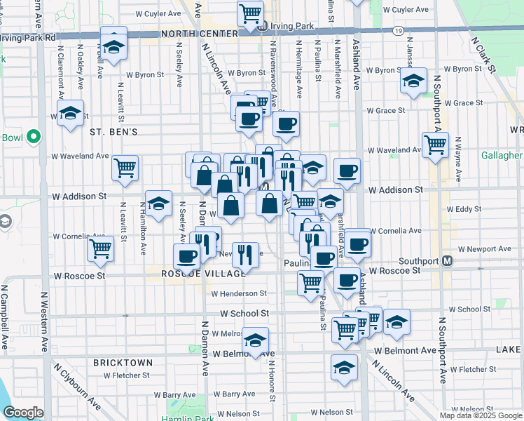 map of restaurants, bars, coffee shops, grocery stores, and more near 182 West Eddy Street in Chicago