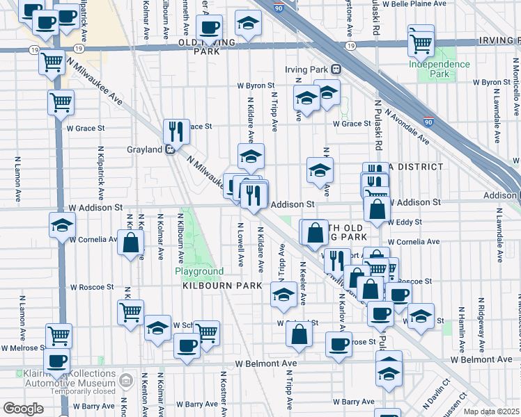 map of restaurants, bars, coffee shops, grocery stores, and more near 4265 West Addison Street in Chicago