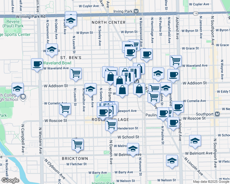 map of restaurants, bars, coffee shops, grocery stores, and more near 1942 West Eddy Street in Chicago