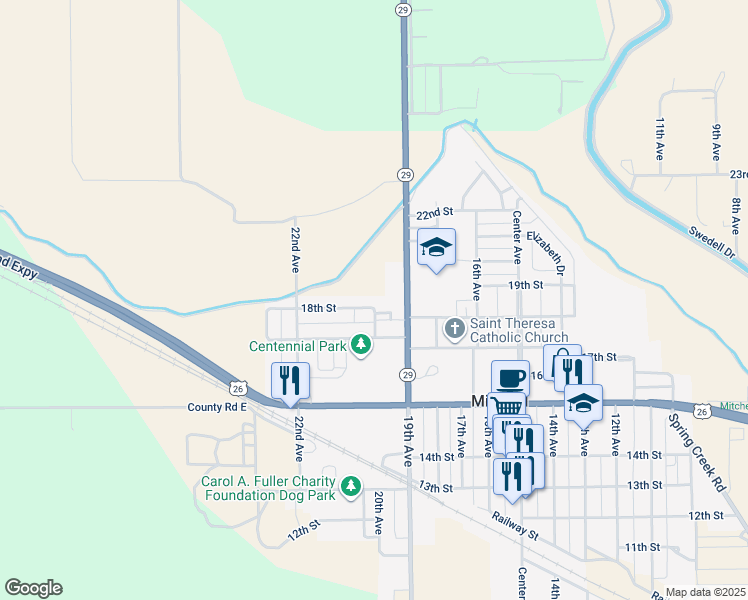 map of restaurants, bars, coffee shops, grocery stores, and more near 2003 18th Street in Mitchell