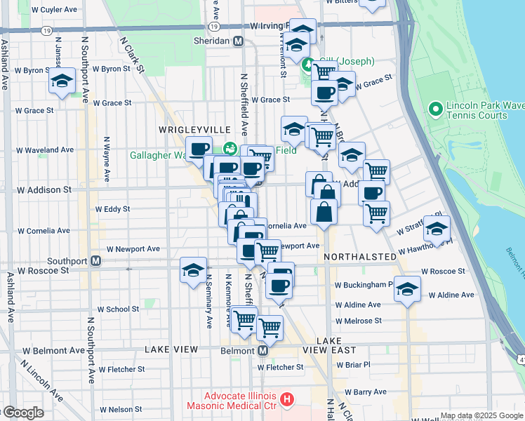 map of restaurants, bars, coffee shops, grocery stores, and more near 3522 North Wilton Avenue in Chicago