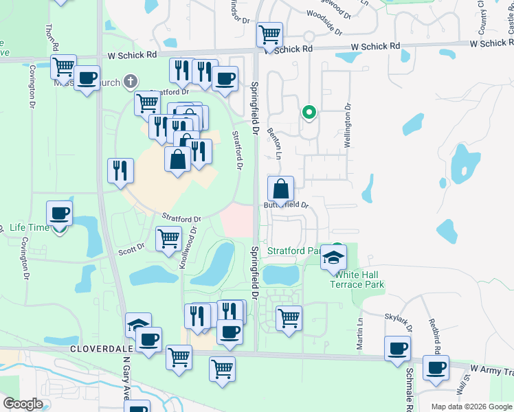 map of restaurants, bars, coffee shops, grocery stores, and more near Springfield Dr & Butterfield Dr in Bloomingdale