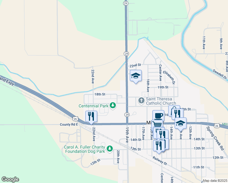 map of restaurants, bars, coffee shops, grocery stores, and more near 2003 18th Street in Mitchell